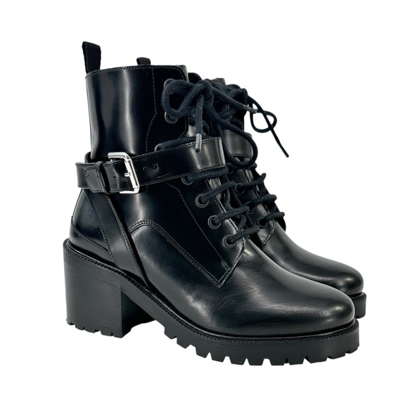 NWOB Maje Frank Black Buckled Strap Block Heel Leather Ankle Boots Booties